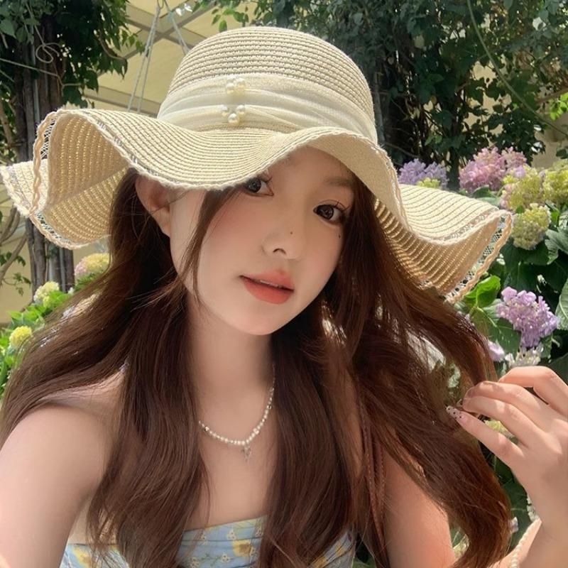 Wave Edge Lace Pearl Bow Straw Hat Women's Summer Seaside Sunshade Sunscreen Hat Large Brim Sun Hat Tide