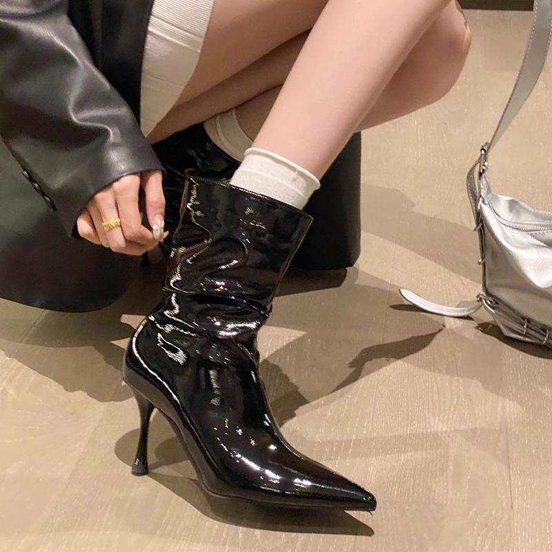 Fashion Pleated Patent Leather Ankle Boots for Women Sexy Pointed Toe Stiletto Heel Ladies Boots Fashion Wine Red High Heels Dress Shoes