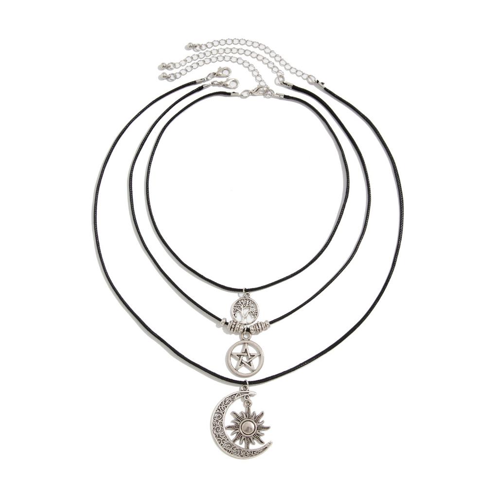 Vintage Blue Eyes Irregular Gravel Necklace Female, Ethnic Wind Star And Moon Pendant Wax Line Necklace
