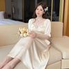 Summer Short Sleeve Sexy Lace V-neck Silk Satin Long Nightgowns for Women Cute Sleepwear Night Dress Nightdress Home Nighty