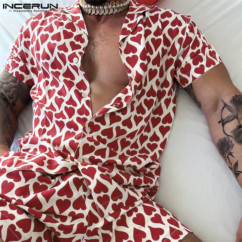 

INCERUN 2 шт. мужские рубашки с короткими рукавами и шорты с принтом, летние наряды, праздничный повседневный костюм