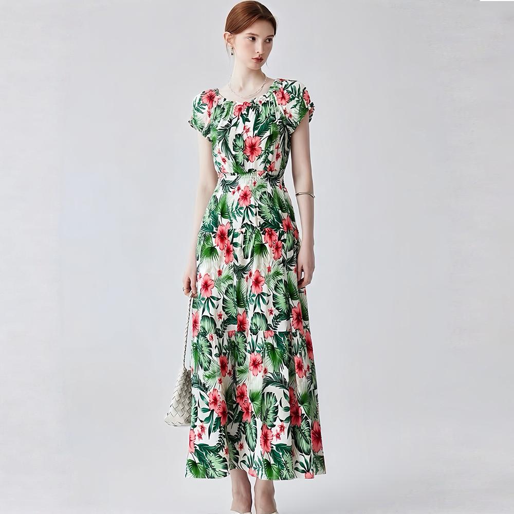 Bohemian Cotton-Silk Floral Printted Off-the-Shoulder French-Style Summer Dress for Women Ethnic-Style Elastic Waistband Pleayed Long Dress