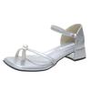 French Square Head Pearl One-word Buckle with Thick Heel Sandals Female 2025 Summer New Versatile Fairy Style Toe Sandals