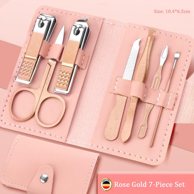 Professional Manicure Tool Seven-Piece Set Pink Stainless Steel Curved Blade Nail Clippers Trimmer with Wide Jaw Opening