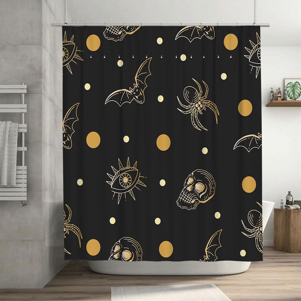 Dark Gothic Halloween Shower Curtain Set with Bat Skull Spider Moon Eyes Sun Decorative Bathroom Accessories Black Gold 3D Print