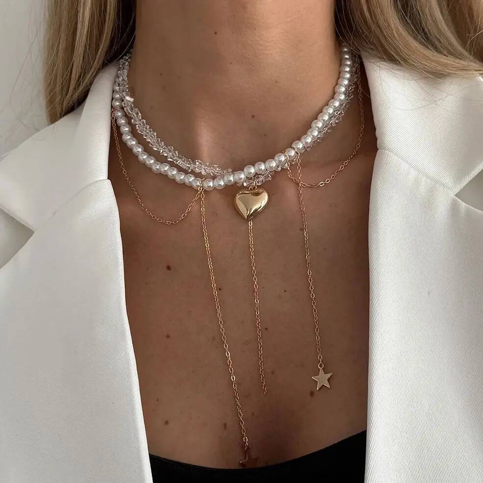 Salircon Simple Imitation Pearls Crystal Tassel Chain Heart Pentagram Pendant Necklace Women Trendy 2026 Banquet Wedding Jewelry