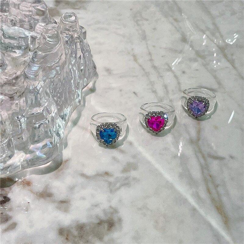 New Korean Cute Heart Love Diamond Acrylic Rings For Women Girl Party Harajuku Zircon Jewelry Gifts Accessories