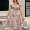 Women Summer Lantern Sleeve Ruffles V Neck Floral Printed One Piece Dress