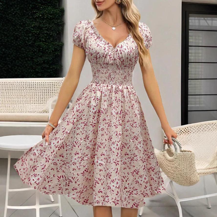 Women Summer Lantern Sleeve Ruffles V Neck Floral Printed One Piece Dress