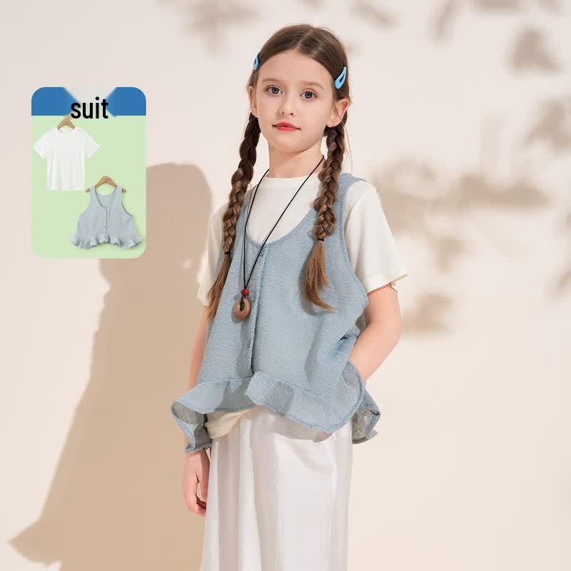 Girls Jacquard Ruffle Vest & T-Shirt Set 130