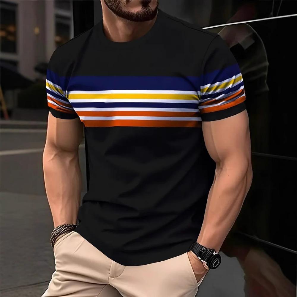Summer 3D Striped Printed Men's T-shirt Casual Breathable Round Neck Short Sleeved T-shirt Outdoor Oversized Street Men's Top