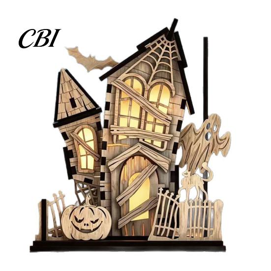 Spooky Festival Interior Furnishing 3D Halloween Village Haunted House Figurine, Light Up Wooden Castle Ornament Assembled Model with Ghost