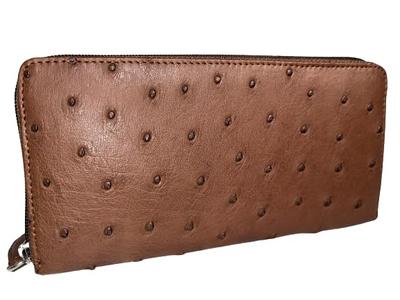 GUODI Long Wallet with Round Genuine Ostrich Full Point for Men and Ostrich Leather Unisex Zipper, Leather, Design, Women, HL6754OS, Brown, Wallet,