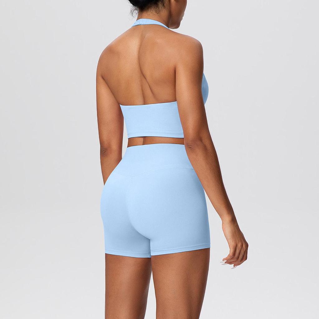 Solid Color Halter Sports Bra & Shorts Fitness Set