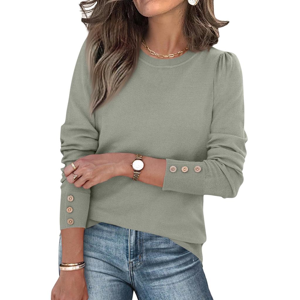 Womens Fashion Long Sleeve Button Cuff Soft Knit Pullover Trendy Tops Solid Color