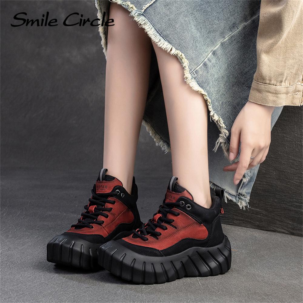 Damen Sneakers aus echtem Leder mit runder Spitze und dicker Unterseite, bequeme modische Freizeitschuhe