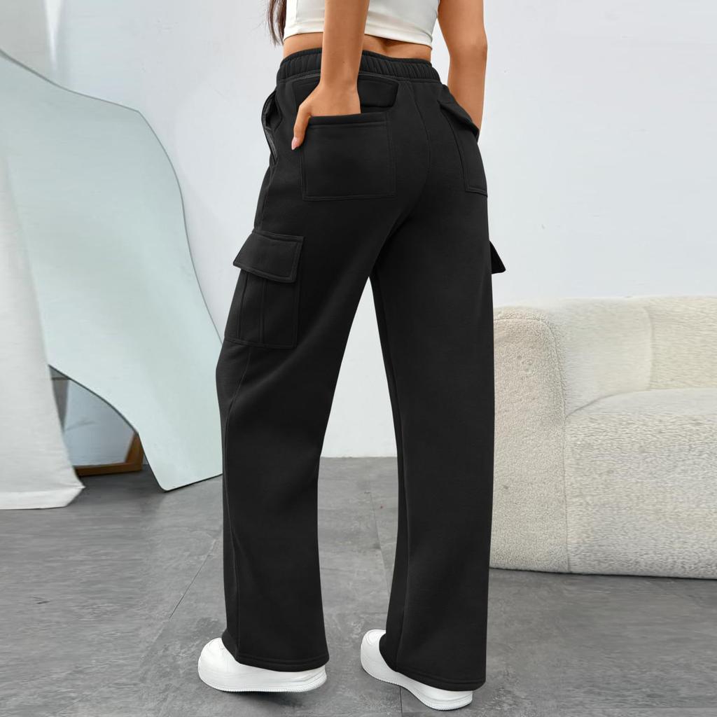 Women's Casual And Fashionable High-Waisted Wide-Leg Utility Trousers With Pockets
