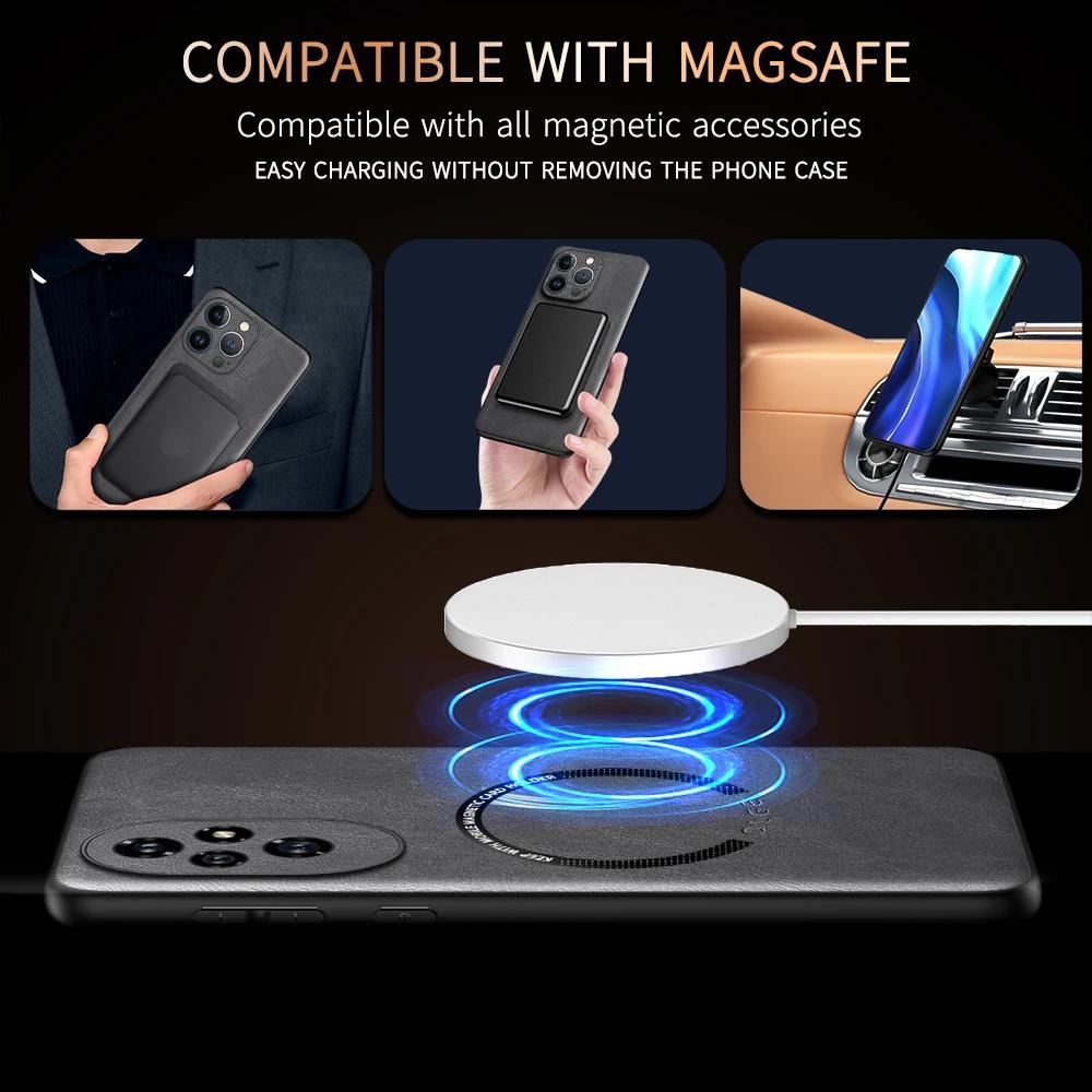 For Honor 300 300 Pro 300 Ultra 200 200 Pro 200 Lite Fine Hole PU Cow Grain Leather Outer Magnetic Ring Soft Edge Phone Case