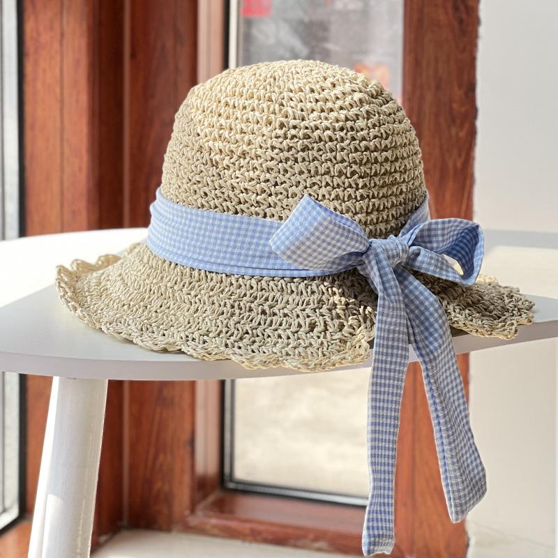 Sweet wavy brim plaid bow straw hat women's big brim straw bucket hat vacation beach visor