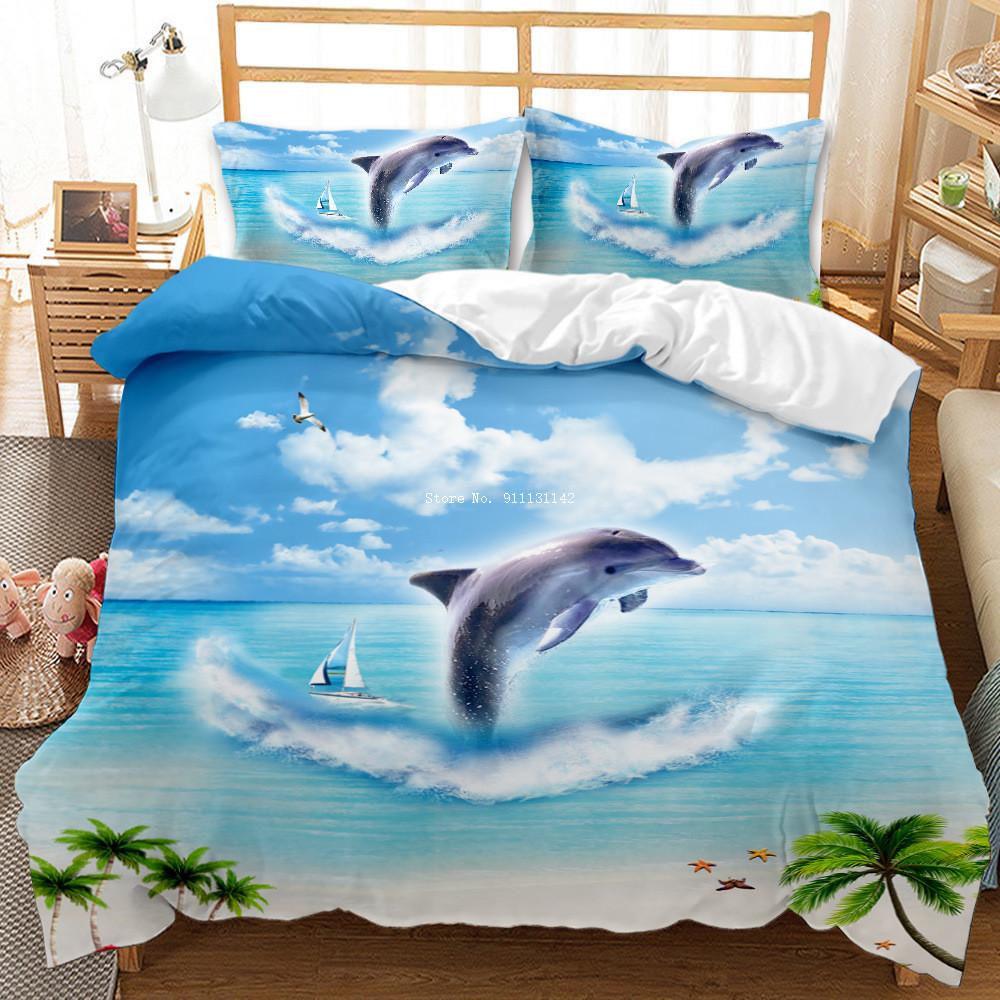 Queen & King Size 3D Undersea World Whale Shark Printed Down Quilt Cover & Pillow Cover Bedding Set with Blue Background