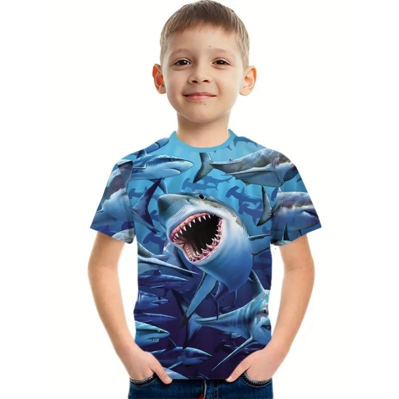 Summer Boys Clothes Breathable Elastic Comfortable Children's T-Shirt Cartoon Shark Casual Cool Summer O-Neck T-Shirt for Boys