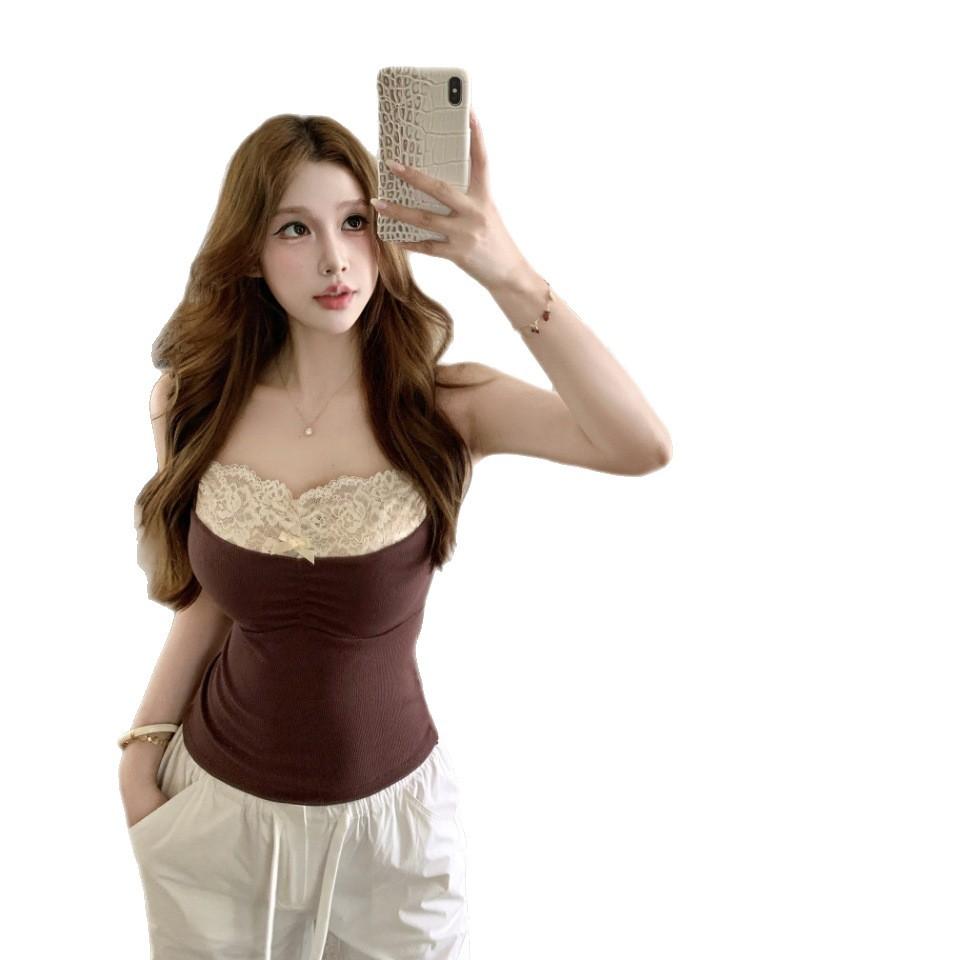 #Summer new pure desire wind lace splicing sling vest female slim and thin fixed top with chest pad
