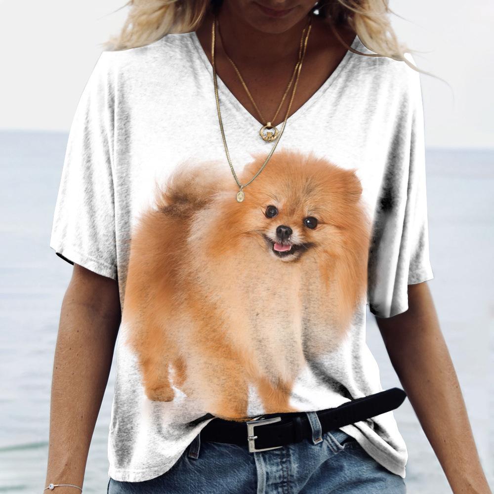 Summer V-neck 3D Dog Printed Top Fashionable Casual Short Sleeved Women's T-shirts