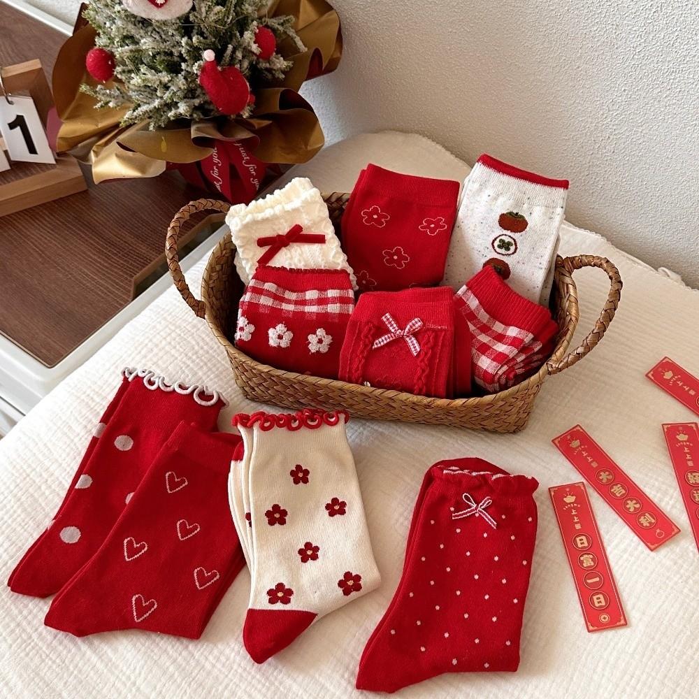 Soft Heart Polka Dot Socks Combed Cotton Flower Socks Lace Red Socks  Spring Festival