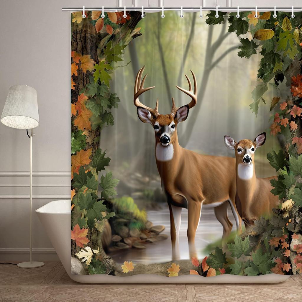 Wildlife Deer Shower Curtain Set, Foggy Forest Elk Animal Design, Waterproof Fabric Bathroom Curtain with 12 Hooks, 71x71 Inches
