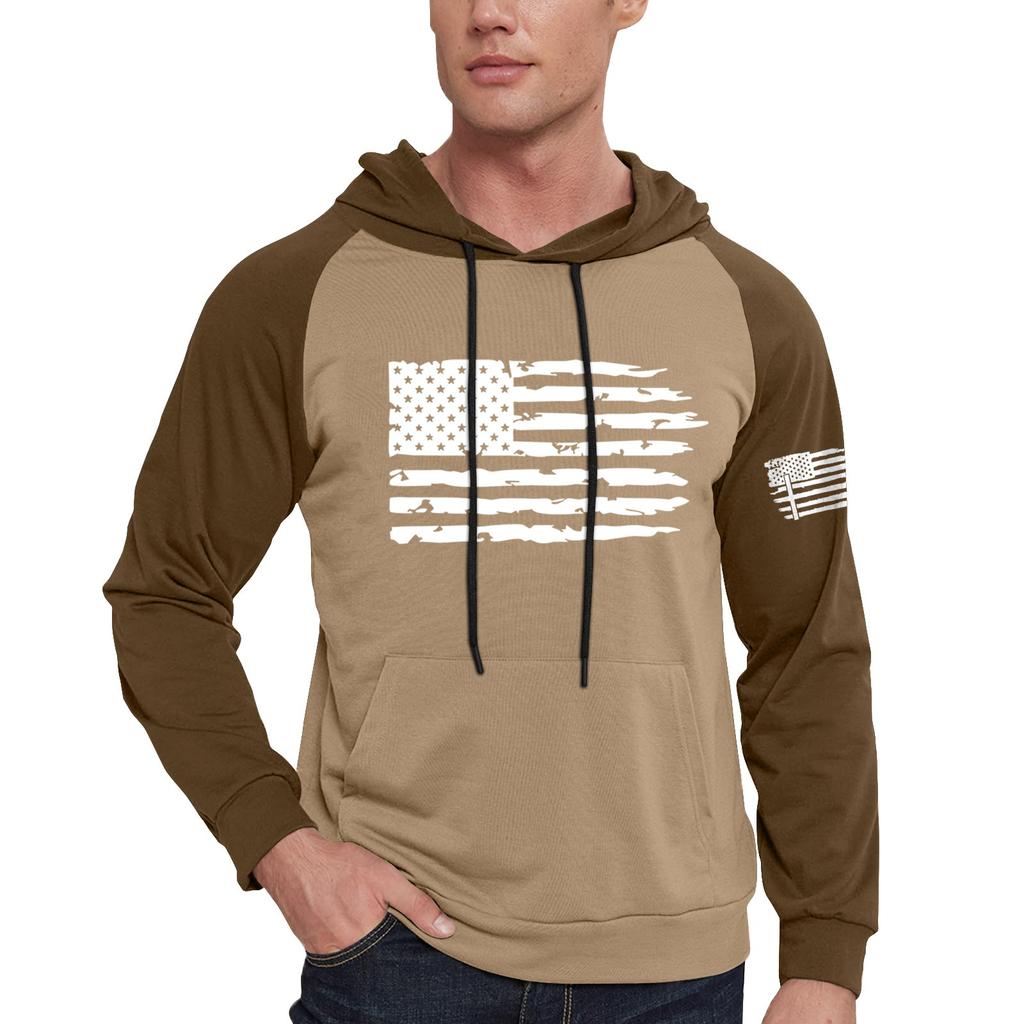 Pánská ležérní mikina s kapucí a stahovací šňůrkou, dlouhá, s potiskem vlajky a kapsami