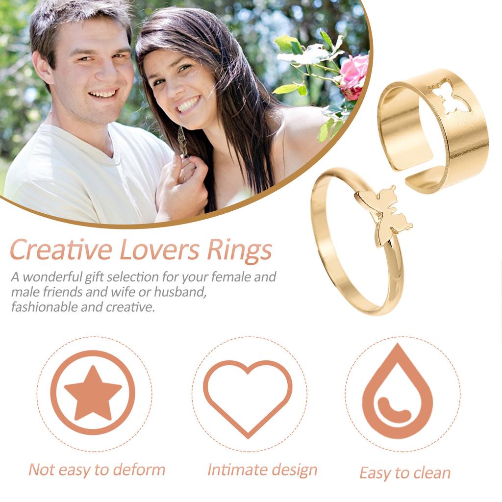 2Pcs Butterfly Couple Rings Premium Copper Romantic Lovers Rings Gifts Stylish Decorative Finger Jewelry for Men Women