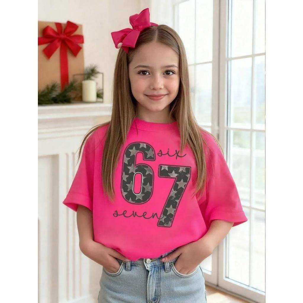 Nuova T-shirt per Bambini con Stampa del Numero 67 Abbigliamento per Bambine T-shirt Girocollo Casual Comoda Manica Corta Abbigliamento