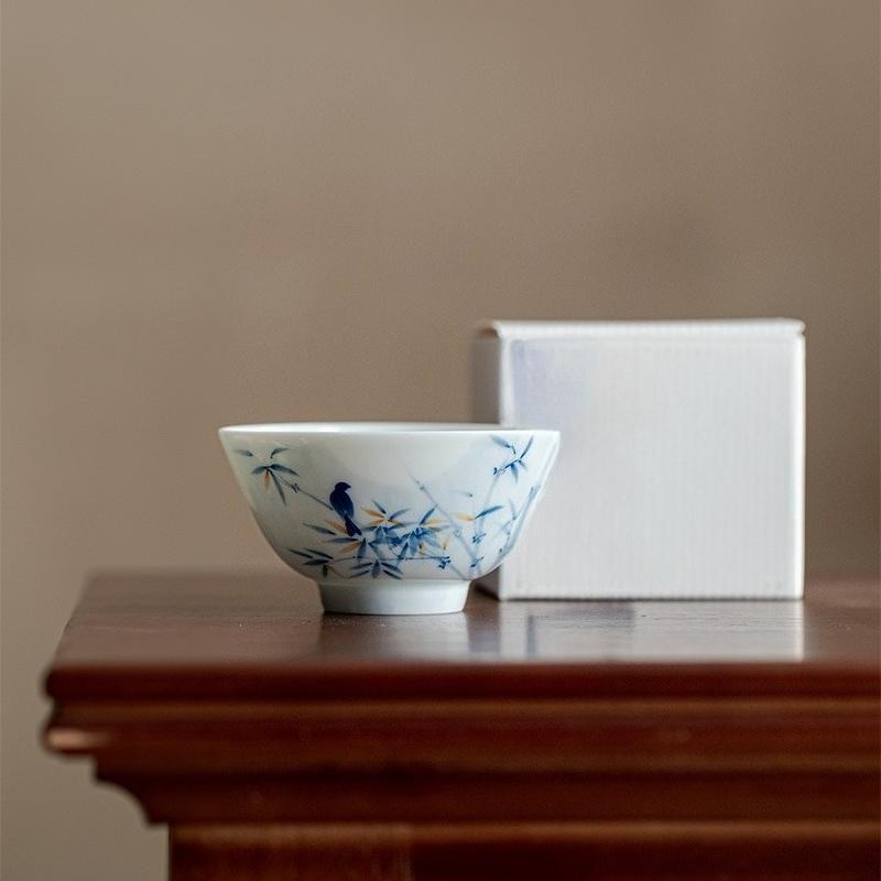 Hand Painted Bird Teacup Ceramic Cups Bamboo Chinese Tea Cup Set Teaware Bowl For Tea Ceremony White Flower Coffee Mugs