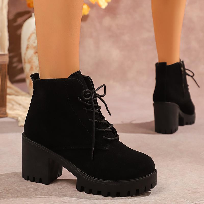 Fashion Fashion Chunky Heeled Ankle Boots for Women 2025 Autumn Winter Black Platform Booties Woman Zip Lace Up High Heels Short Boots