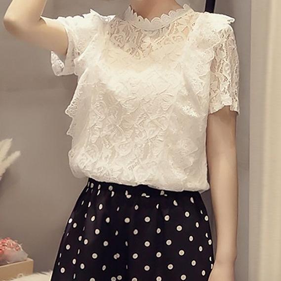 Women's Summer Chiffon Lace Shirt - Short Sleeve, Hollow Out, Korean Style, Versatile Plus Size Top