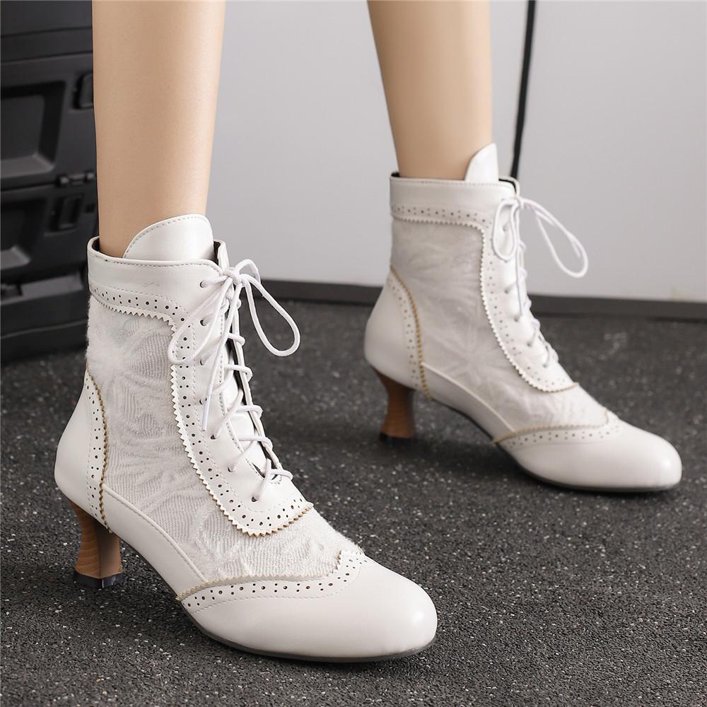 Lace-up Women Ankle Boots Middle Heels Fashion Lace Round Toe Autumn Winter Women Shoes Strange Steampunk Short Booties 34-46