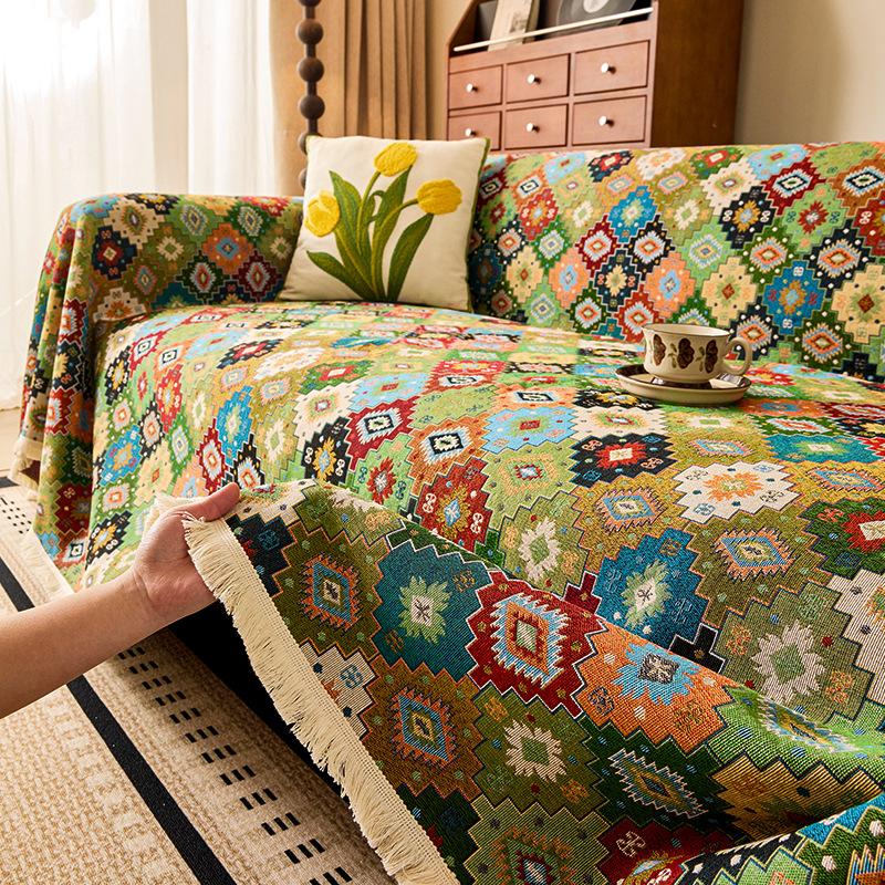 Bohemian Jacquard Cotton Linen Sofa Cover All-Season One-Piece Anti Scratch Sofa Towel Color Plaid Multifunctional Blanket