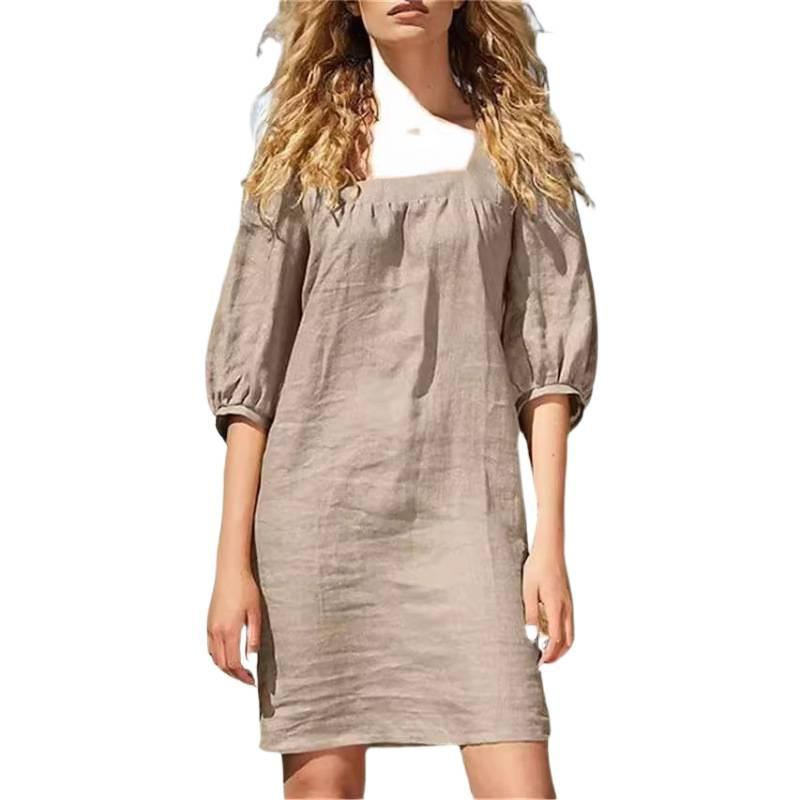 Women Square Neck Puff Sleeve Casual Loose Mini Dress Beach Sundress S хаки