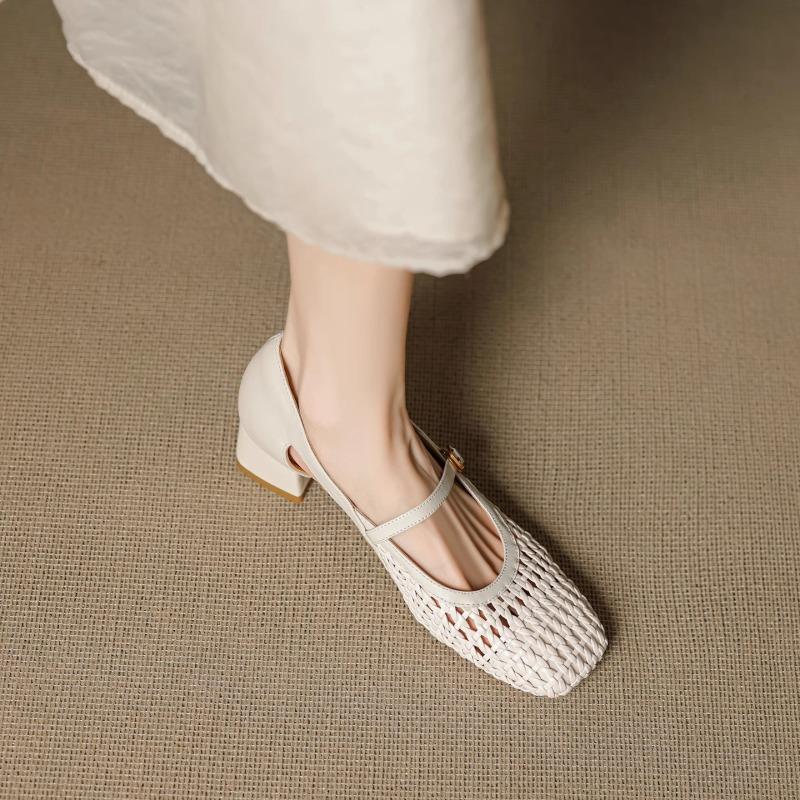 Summer Block Heel Woven Cutout Wrapped Toe Sandals Women's Square Toe Shallow Mouth One Strap Kitten Heel Mary Jane Shoes