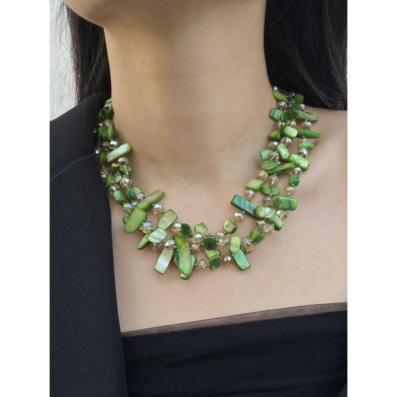 Fashion Retro Green Shell Multi-Layer Twin Necklace Bohemia Accessible Luxury Crystal String Beads Clavicle Chain Neck Chain Tide