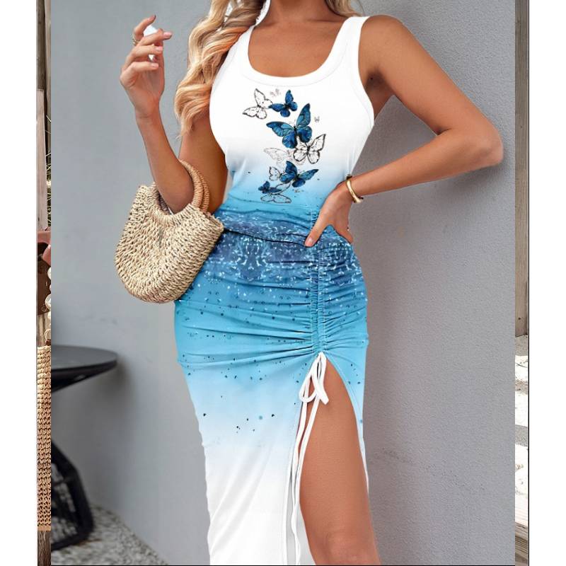 

Летний новый стиль с принтом сексуальное платье-жилет с разрезом на талии для женщин 2XL светло-синий