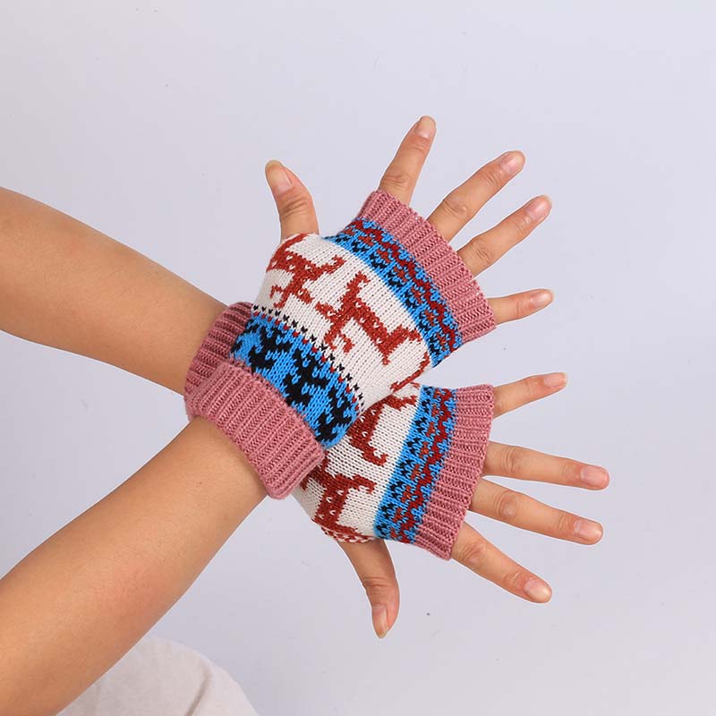 WTEMPO 1Pair Christmas Deer Pattern Knitted Gloves Couple Halloween New Half-finger Mittens Soft Colorful Warm Gloves