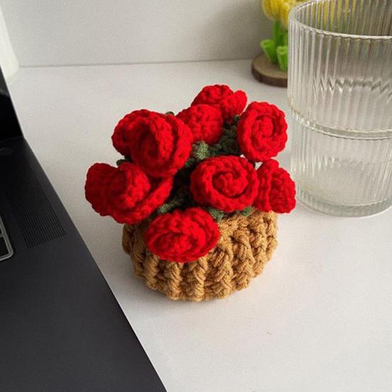 Crochet Flower Coasters Handmade Vintage Bouquet Knitted Rose Flower Decorative Coasters Anti-scald Table Mats Without Flower Pot