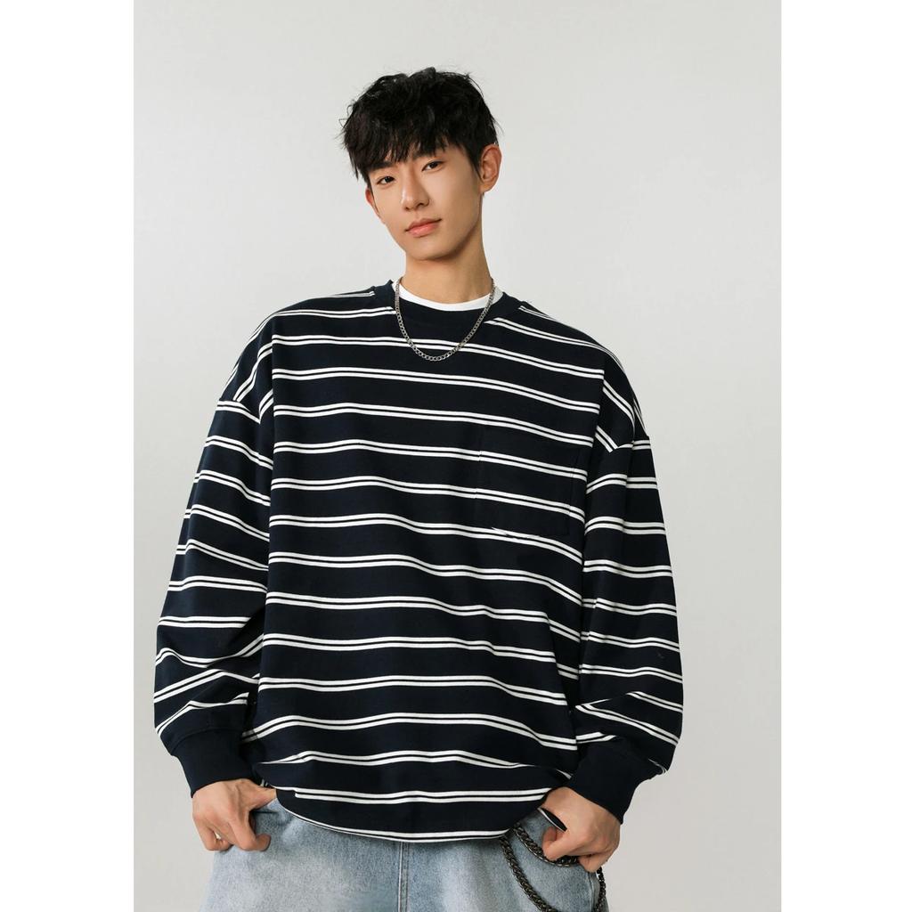 Męskie Koszulki w Paski Harajuku Wiosenne Męskie Casualowe Koszulki z Okrągłym Dekoltem Męskie Białe Koszulki z Długim Rękawem Mężczyzna Koszulka Oversize