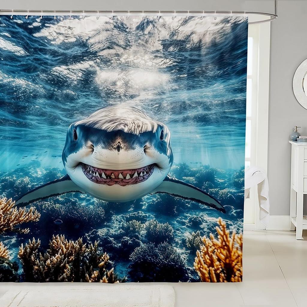 Cartoon Cat Kids Shower Curtains,Ocean Wave Japanese Ukiyo-e Bathroom Curtain,Ragdoll Abstract Stripe Home Decor,Sea Blue Retro