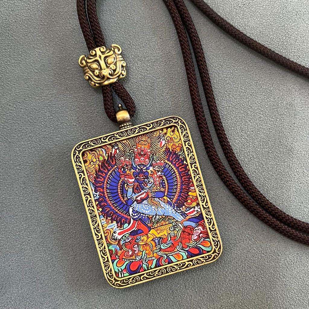 Thangka Pendant Necklace - Yellow & Black Guardian Buddha Amulet