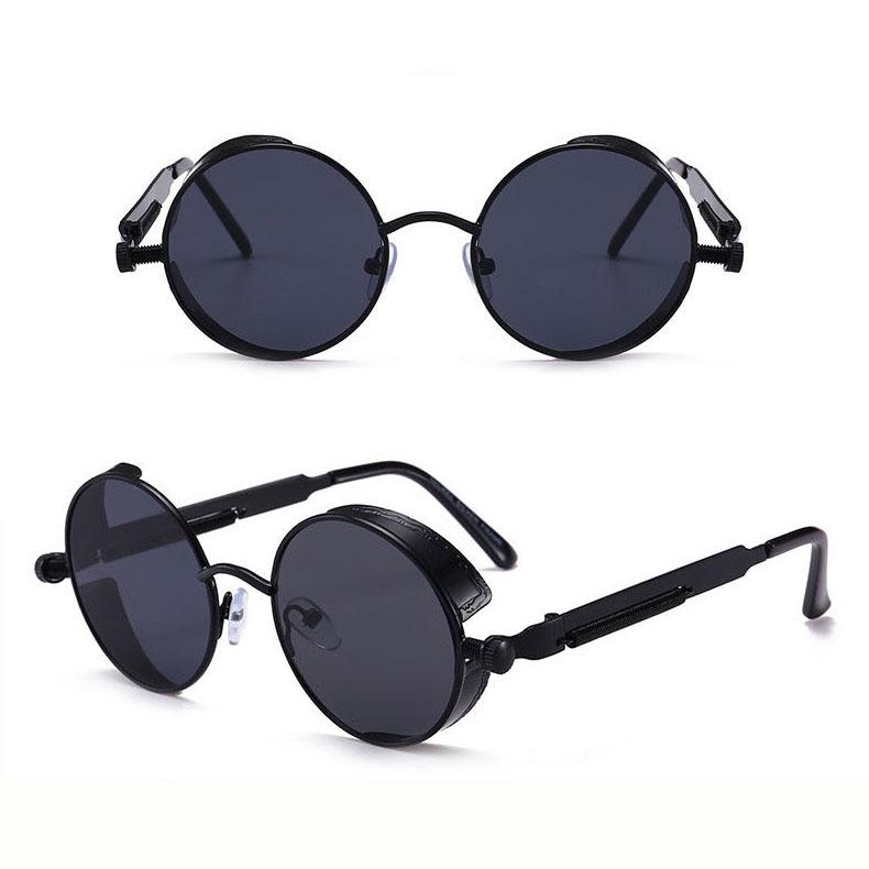 FOENIXSONG Steampunk Round Sunglasses for Men Women Black Brown Retro Wrap Frame Mirror Lens Sun Glasses
