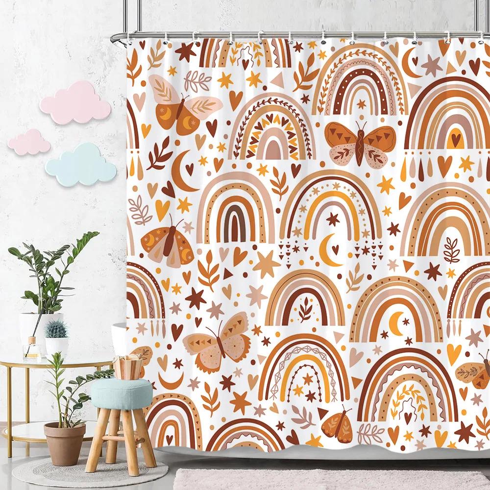 Rainbow Shower Curtain Colourful Cute Bohemian Abstract Print Kids Shower Curtain Polyester Fabric Art Bathroom Decor With Hooks