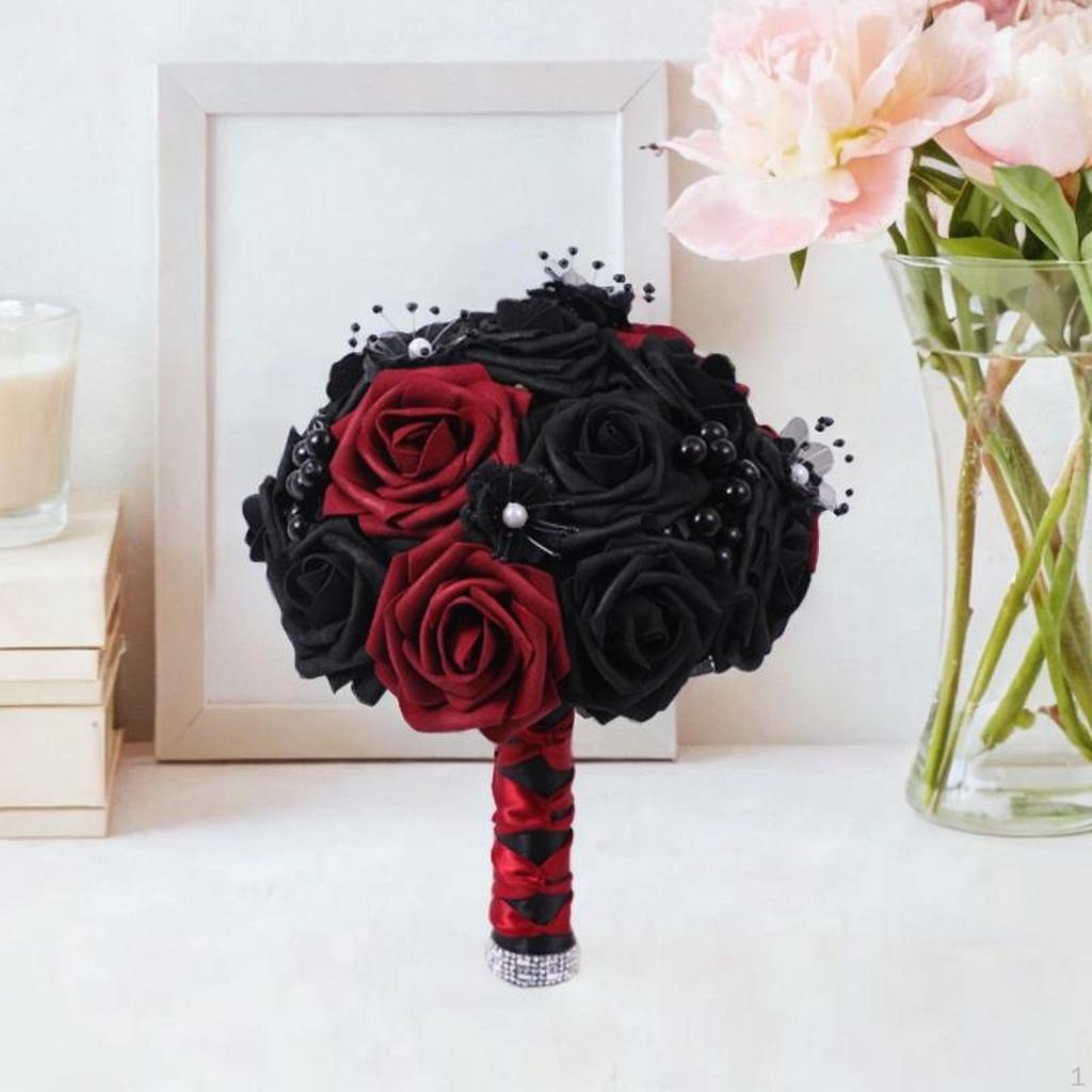 Artificial Rose Flowers Black Leaves Dark Wedding Ornament Twig Goth Flower Bouquet for Theme Party