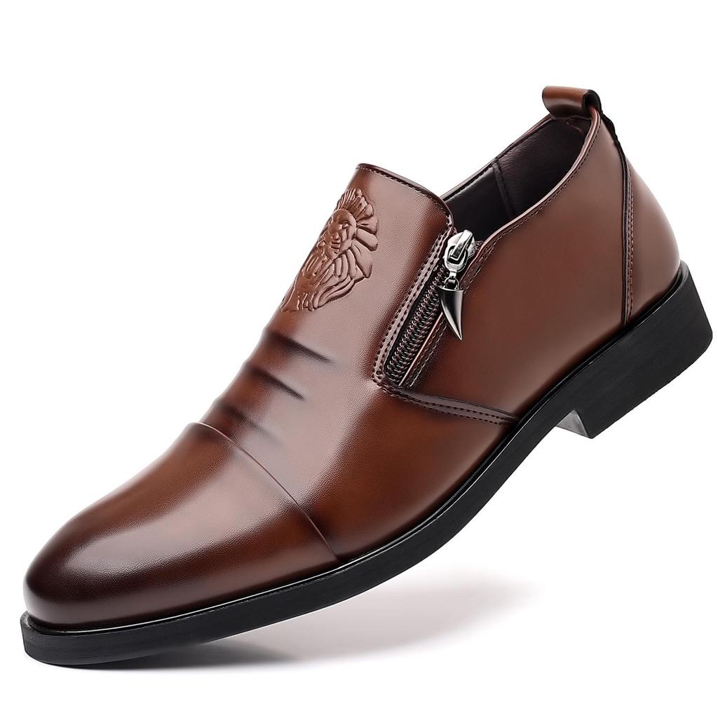 Men's Autumn/Winter Business Casual Leather Shoes with Lion Head Zipper – High & Low Top, Pointed Style